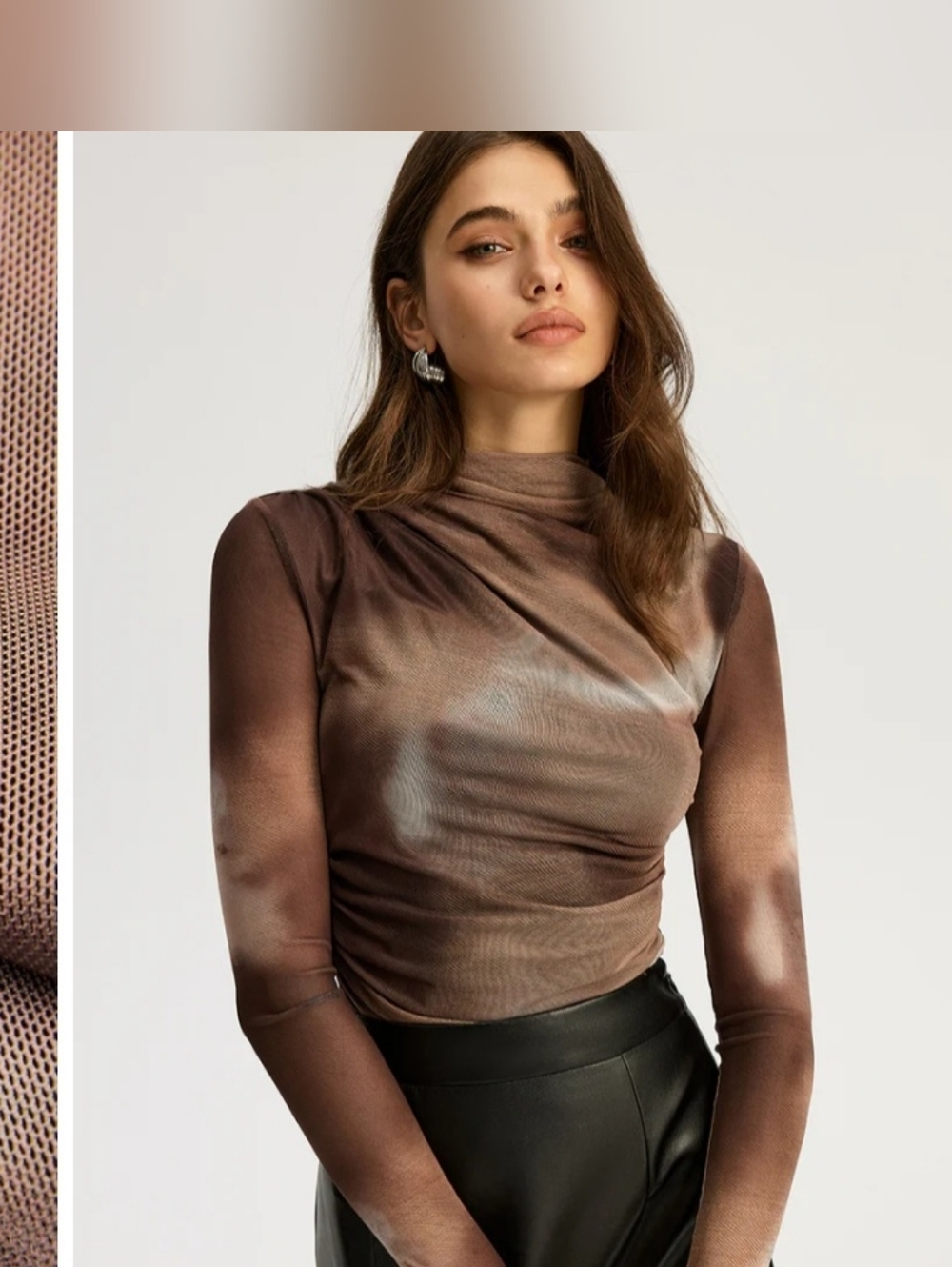 Commense Gradient Print Ruched Long Sleeve Bodysuit- In Brown Multi